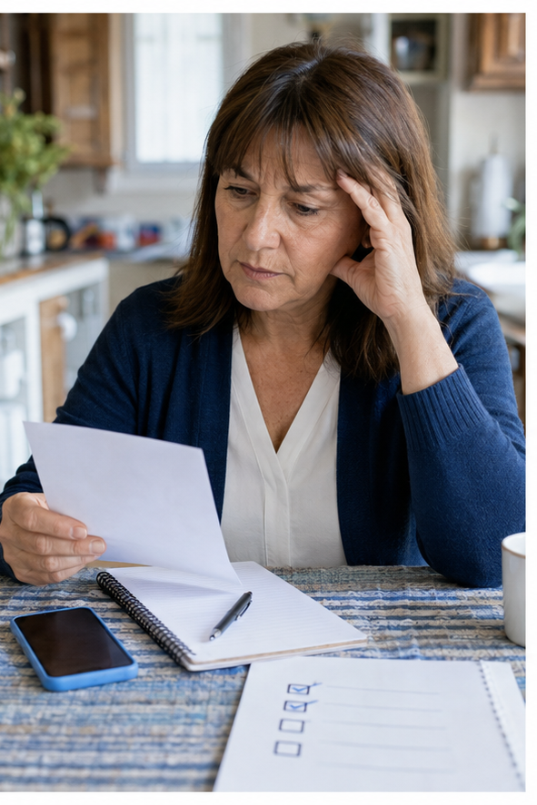 Mujer revisa un comprobante y prepara la información necesaria para hacer un reclamo.