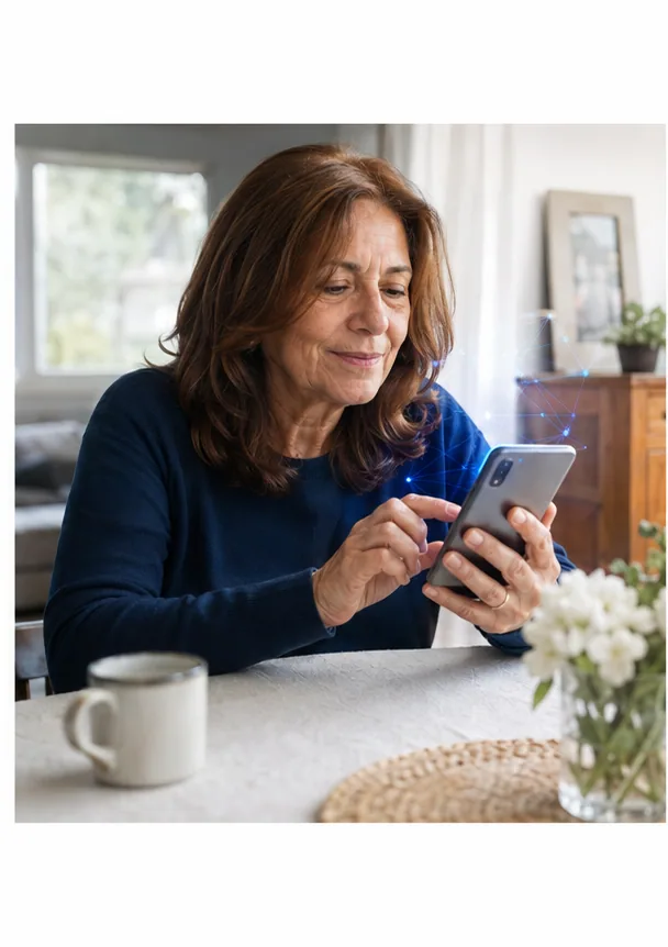 Mujer adulta usa un asistente de inteligencia artificial desde su teléfono en una mesa luminosa.