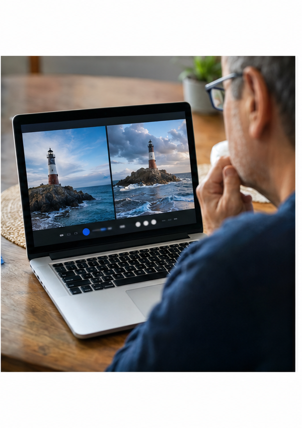 Persona compara dos fotografías en una computadora para verificar si una pudo ser alterada.