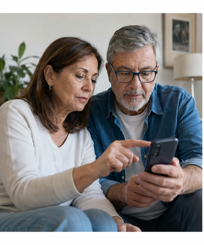 Pareja adulta revisa con atención un mensaje recibido en el celular.